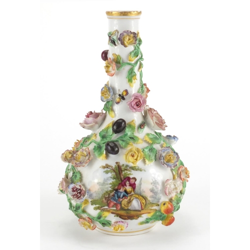 2208 - 19th century continental floral encrusted porcelain bottle vase, hand painted with lovers, factory m... 