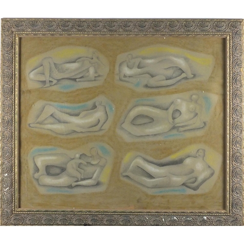 2081 - Manner of Henry Moore - Surreal nude figures, pencil and pastel, framed, 60cm x 50cm