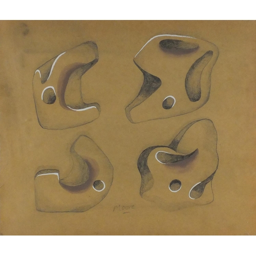 2071 - Manner of Henry Moore - Four Modernist studies, mixed media on paper, mounted and framed, 43.5cm x 3... 