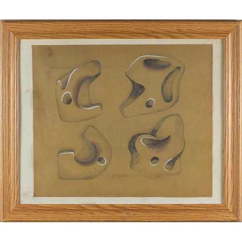 2071 - Manner of Henry Moore - Four Modernist studies, mixed media on paper, mounted and framed, 43.5cm x 3... 