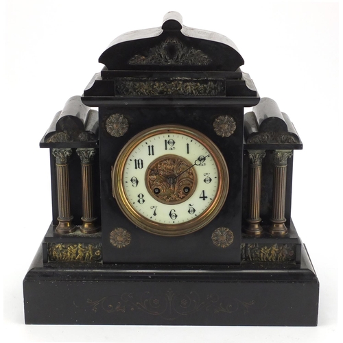 833 - Victorian black slate marble mantel clock with architectural columns, enamelled chapter ring an Arab... 