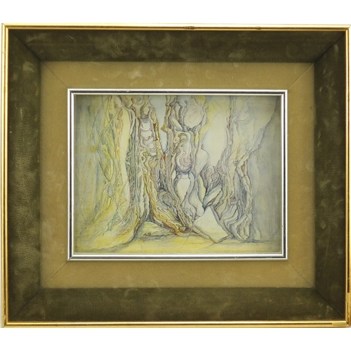 124 - Abstract compositions, surreal woodland, two watercolours, inscribed verso, framed, the largest 28cm... 