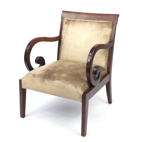 38 - Regency style mahogany framed open armchair with scrolled arms, 86.5cm high