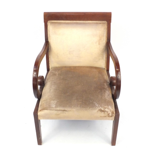 39 - Regency style mahogany framed open armchair with scrolled arms, 86.5cm high