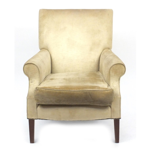 74 - Beige suede upholstered open armchair on square legs, 97cm high
