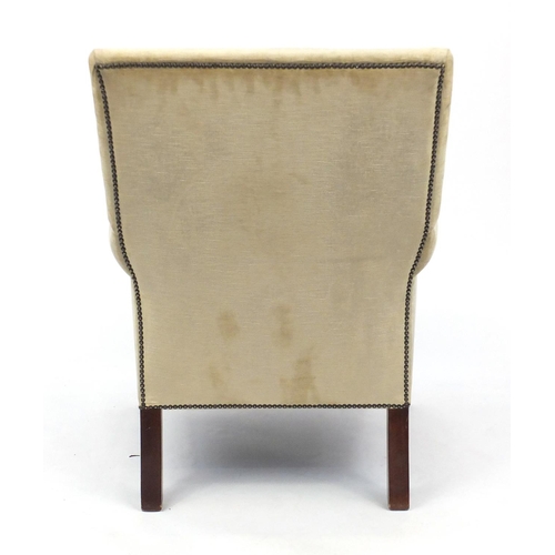 74 - Beige suede upholstered open armchair on square legs, 97cm high