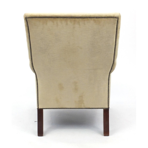 75 - Beige suede upholstered open armchair on square legs, 97cm high