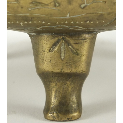 739 - Chinese bronze tripod incense burner with twin handles, engraved with flowers, six figure character ... 
