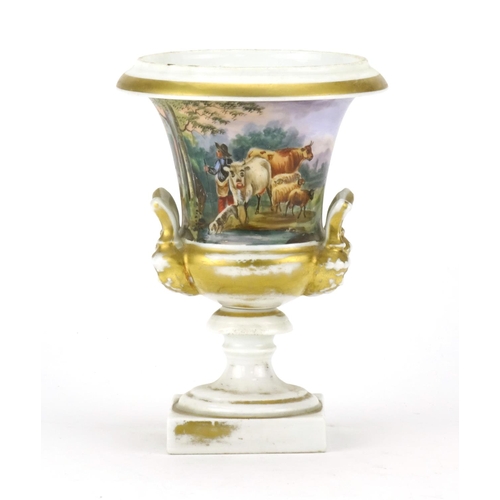 194 - 19th century campana urn vase with twin handles, hand painted with a farmer and cattle, 17.5cm high