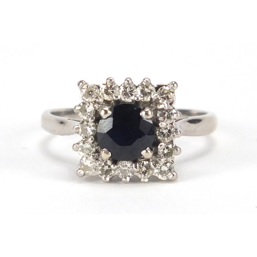 942 - 18ct white gold sapphire and diamond ring, size O, approximate weight 3.8g