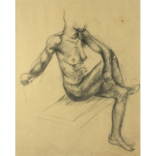 1383 - After Aristide Maillol - Seated nude female, black chalk on paper, mounted and framed, 64cm x 52cm