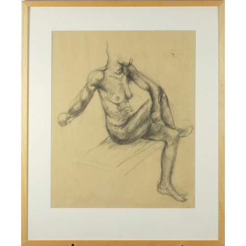 1383 - After Aristide Maillol - Seated nude female, black chalk on paper, mounted and framed, 64cm x 52cm