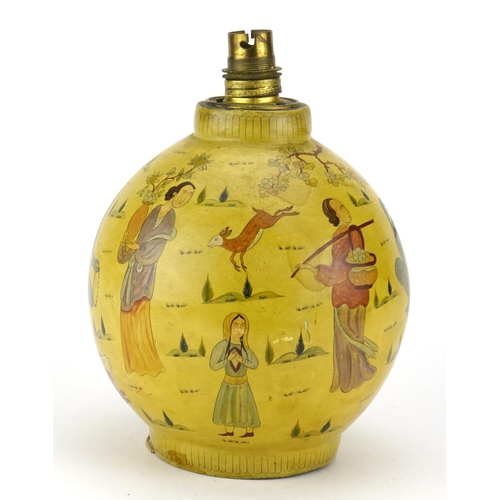 2064 - Vintage Papier-mâché table lamp, hand painted with figures and animals, 22.5cm high