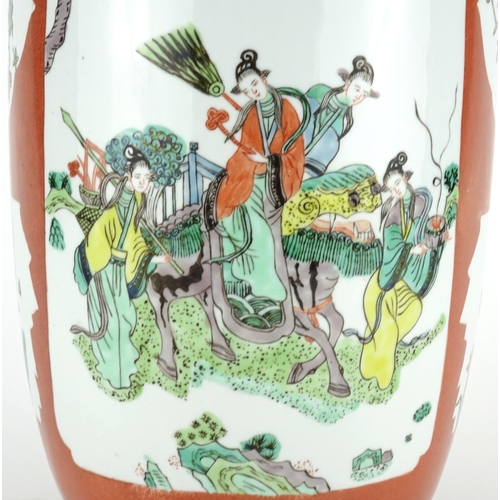 2045 - Chinese porcelain vase, hand painted in the famille verte palette with panels of figures in an inter... 