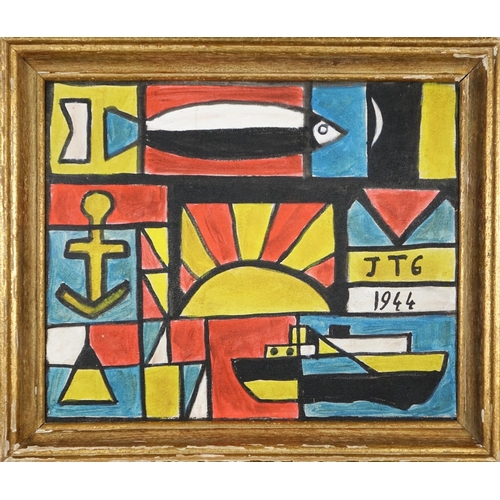 2114 - Abstract composition with boat and fish, oil on canvas board, bearing a monogram JTG, framed, 46cm x... 