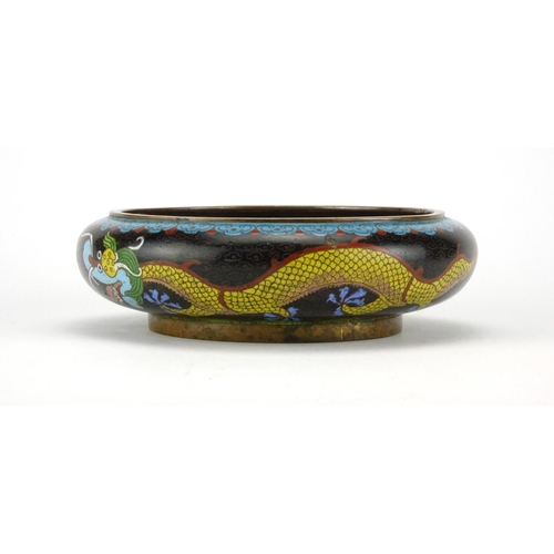 2100 - Chinese cloisonné bowl enamelled with dragons amongst clouds, four figure character marks to the bas... 