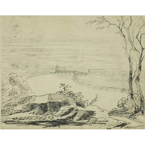 2152 - Fort by a river, 18th century Old Master pen and ink framed, 20cm x 16.5cm