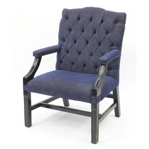 2010 - Mahogany framed open armchair with blue and gold button back upholstery, 101cm high