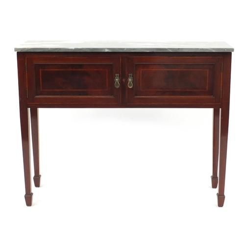 2020 - Inlaid mahogany console table, with grey marble top and a pair of cupboard doors raised on square ta... 