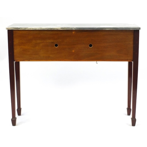 2020 - Inlaid mahogany console table, with grey marble top and a pair of cupboard doors raised on square ta... 