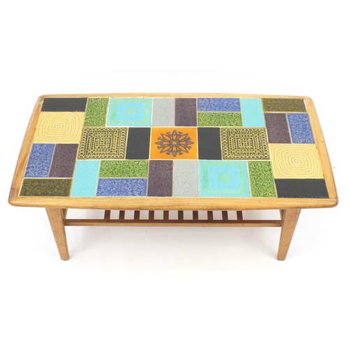 2028 - Retro teak tile top coffee table with under tier, 40cm H x 100cm W x 54cm D