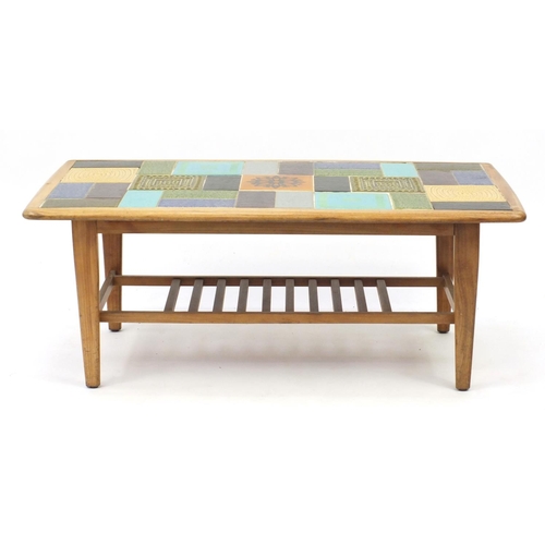 2028 - Retro teak tile top coffee table with under tier, 40cm H x 100cm W x 54cm D