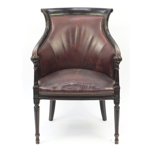 2022 - Mahogany and brown leather library chair on tapering legs, 91cm high