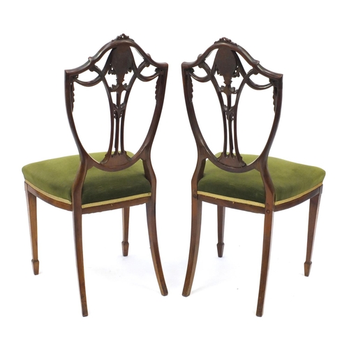 2024 - Pair of inlaid mahogany shield back occasional chairs with green stuff over seats, raised on square ... 