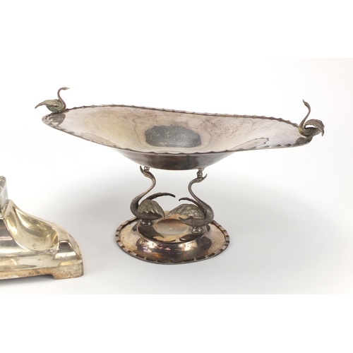 2128 - Silver plated centre piece with swan supports and an Art Nouveau style silver plated desk stand by J... 