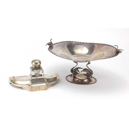 2128 - Silver plated centre piece with swan supports and an Art Nouveau style silver plated desk stand by J... 