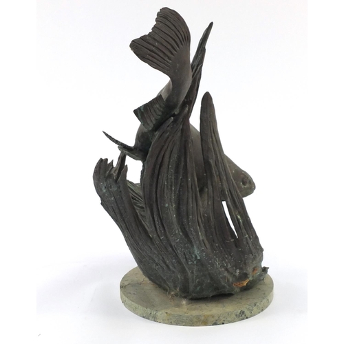 2030 - Large bronze sculptural sundial of a trout, on circular marble base, 54cm high