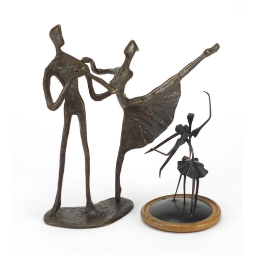 2215 - Modernist patinated bronze figure group of two dancers and a similar example, the largest 25cm high