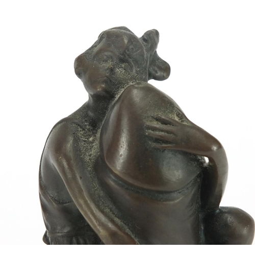 2055 - Erotic bronze study of a female with stamp, signed B Zagh on an oval marble base, 18.5cm high