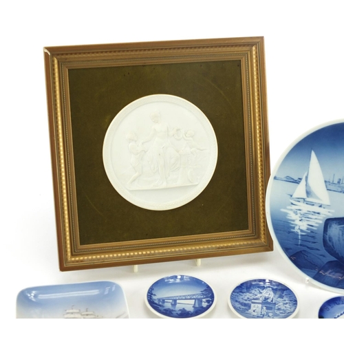 2130 - Danish porcelain including a Royal Copenhagen Parian plaque and five pin dishes, the largest 21cm in... 