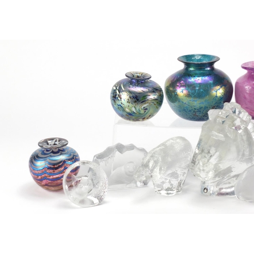 2107 - Art glassware including Swedish paperweights, two signed iridescent vases, iridescent Royal Brierley... 