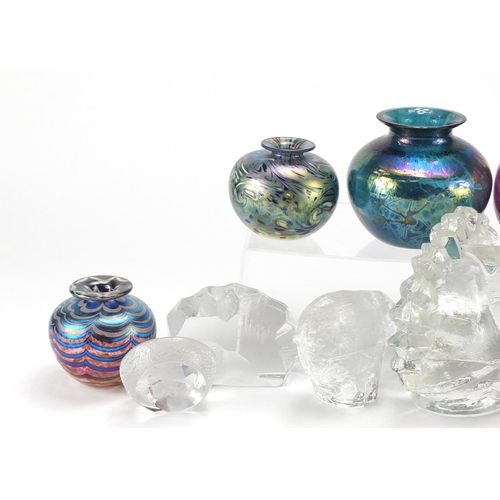 2107 - Art glassware including Swedish paperweights, two signed iridescent vases, iridescent Royal Brierley... 