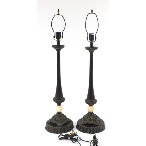 2031 - Pair of large bronzed and alabaster lamps, each 74cm high excluding the fittings