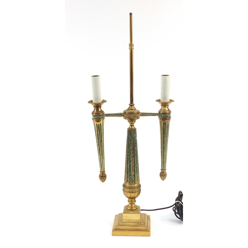 2087 - Art Deco style brass and faux malachite flaming torch design lamp, 80.5cm high