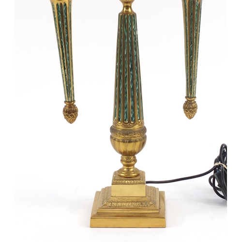 2087 - Art Deco style brass and faux malachite flaming torch design lamp, 80.5cm high