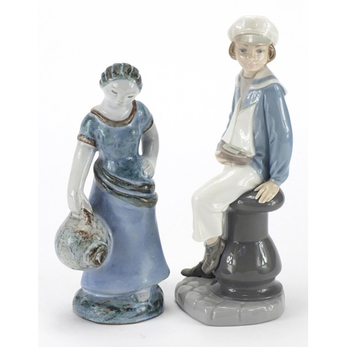 2133 - Lladro figure of a sailor and a Danish figurine of a female by L Hjorth, the largest 23cm hgih