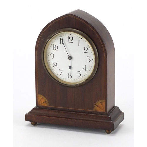 2106 - Mahogany mantel clock with shell inlay and enamelled dial, 19.5cm high