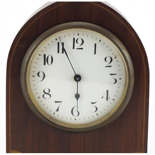 2106 - Mahogany mantel clock with shell inlay and enamelled dial, 19.5cm high