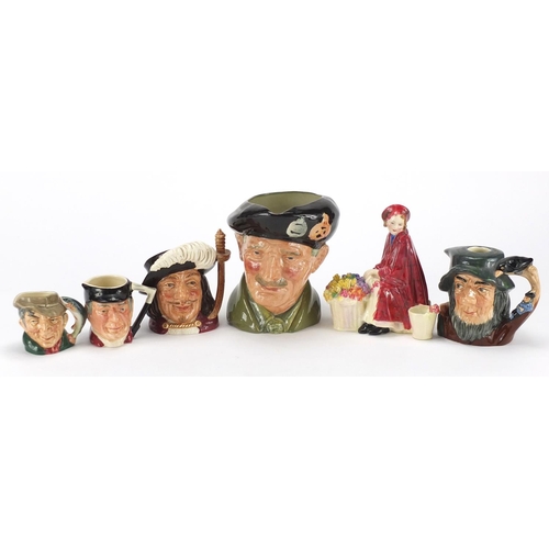2206 - Royal Doulton Bonnie Lassie figurine and five Toby jugs including Monty D6202, the largest 15cm high