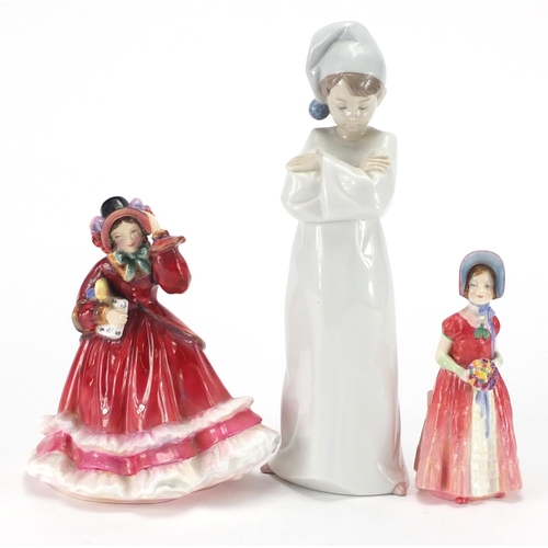 2200 - Two Royal Doulton figurines and a Lladro figure of a sleepy boy numbered 6483, the largest 27cm high