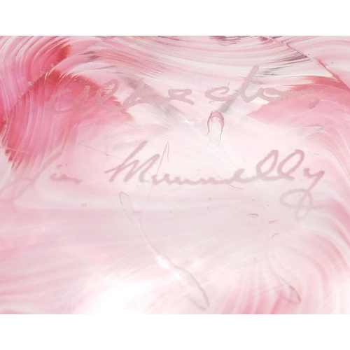 2136 - Stylish pink and clear art glass decanter, etched marks to the base, possibly Jim Munnelly, 18cm hig... 