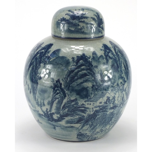 2159 - Large Chinese crackle glazed jar and cover hand painted with a river landscape, 32cm high