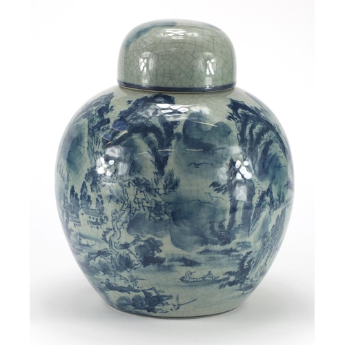 2159 - Large Chinese crackle glazed jar and cover hand painted with a river landscape, 32cm high
