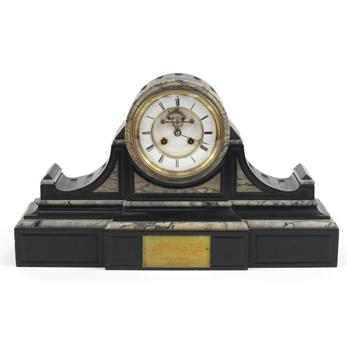 2127 - Victorian black slate and marble mantle clock with visible Brocot escapement, the enamelled dial wit... 