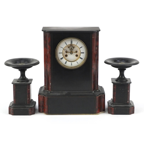 2160 - Victorian black slate and marble mantel clock with garnitures, the mantel clock with visible Brocot ... 