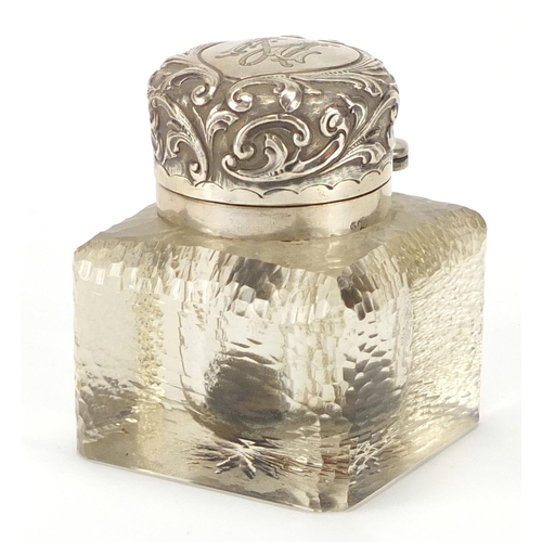 2265 - Victorian cut glass inkwell with hinged silver lid, embossed with flowers by Levi & Salaman, Birming... 